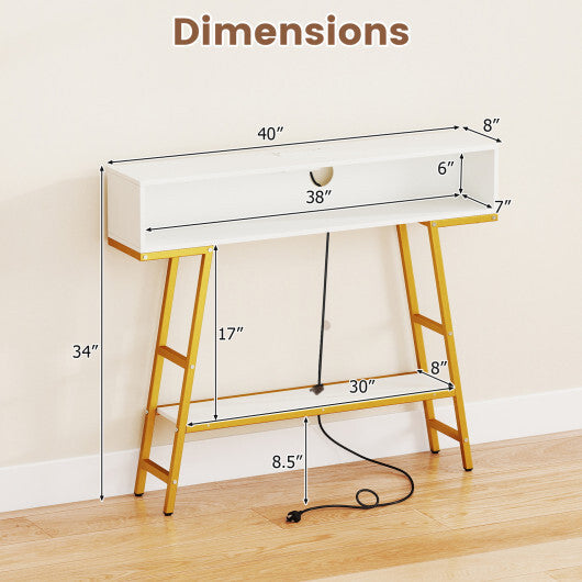 40" Console Table with Charging Station and LED Lights-Rustic Brown