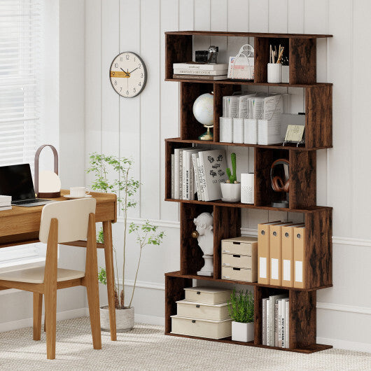 Geometric Bookshelf 5-Tier Bookcase with Open Shelves and Closed-back Cubes-Brown