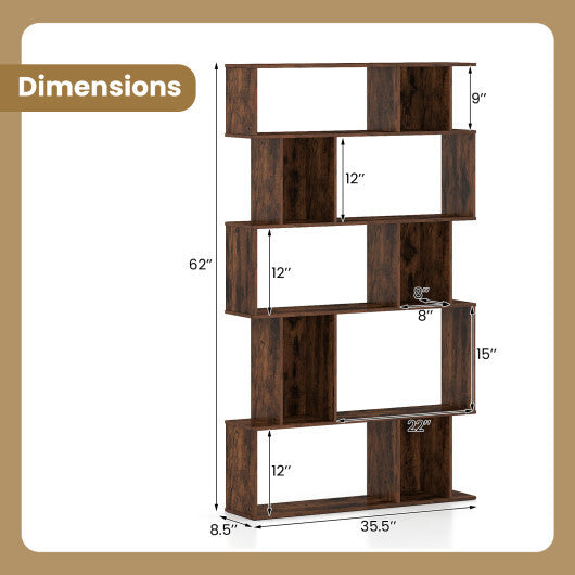 Geometric Bookshelf 5-Tier Bookcase with Open Shelves and Closed-back Cubes-Brown