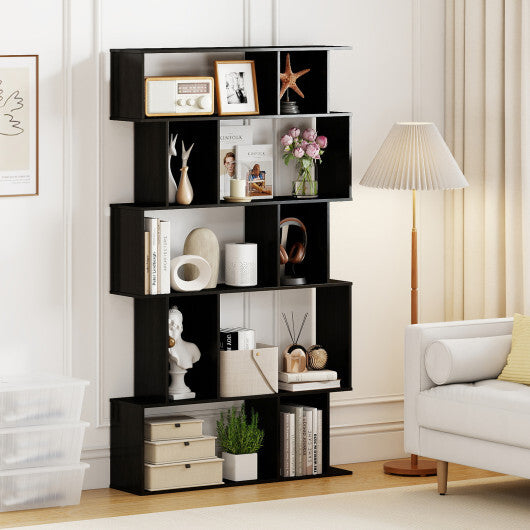 Geometric Bookshelf 5-Tier Bookcase with Open Shelves and Closed-back Cubes-Brown
