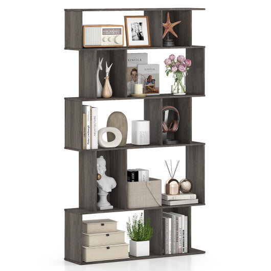 Geometric Bookshelf 5-Tier Bookcase with Open Shelves and Closed-back Cubes-Brown