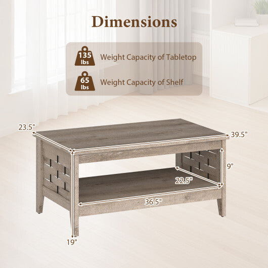 2-Tier Farmhouse Coffee Table with Open Shelf and Woven Decorations for Living Room-Oak