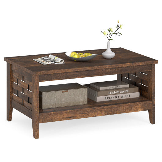 2-Tier Farmhouse Coffee Table with Open Shelf and Woven Decorations for Living Room-Oak