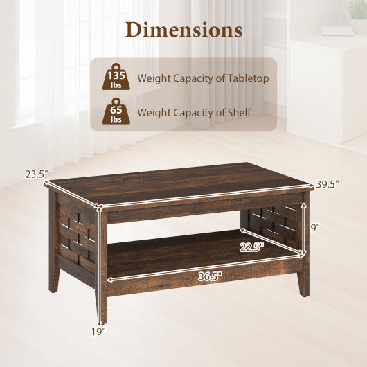2-Tier Farmhouse Coffee Table with Open Shelf and Woven Decorations for Living Room-Oak