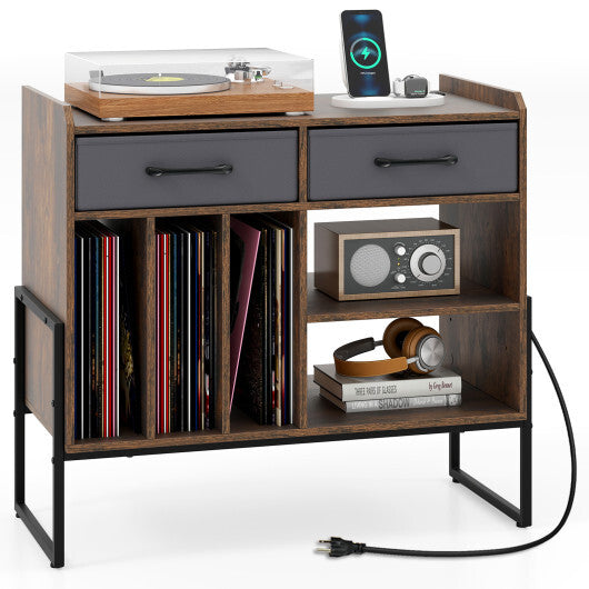 Large Record Player Stand with Charging Station Mid Century Modern Vinyl Storage Cabinet-Rustic Brown