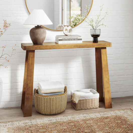 Solid Rubber Wood Console Table 43inch Narrow Entryway Table with Thick Tabletop and Stable Base-Black