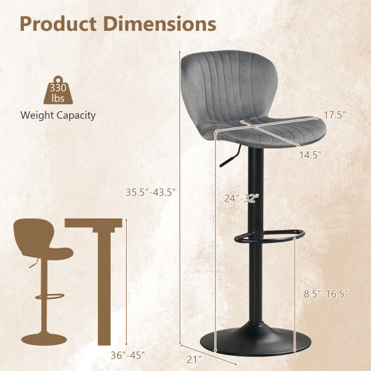 Adjustable Counter Height Chairs Set of 2 with Velvet Upholstered Backrests-Gray