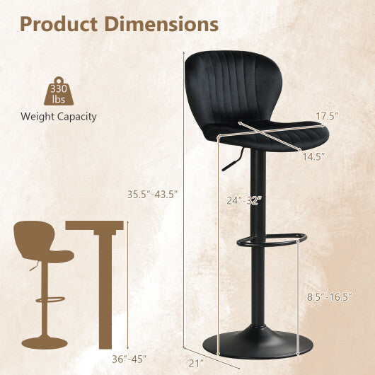 Adjustable Counter Height Chairs Set of 2 with Velvet Upholstered Backrests-Gray