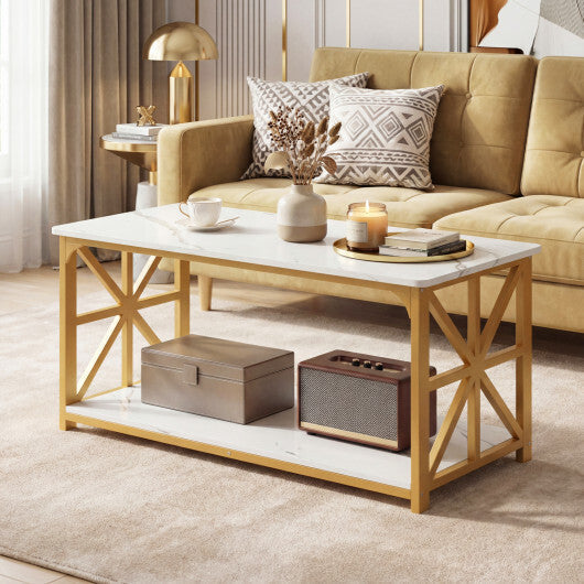 Coffee Table 2-Tier Center Table with Storage Shelf-Oak