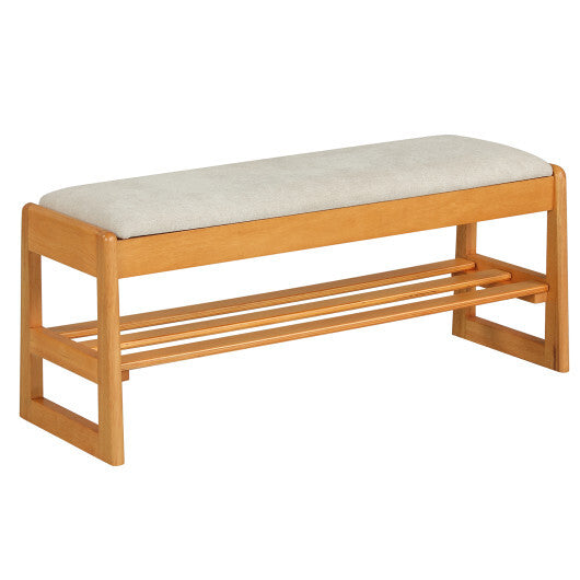 Shoe Rack Bench with Storage 2-Tier Rubberwood Entryway Bench with Flip-Open Storage-Brown