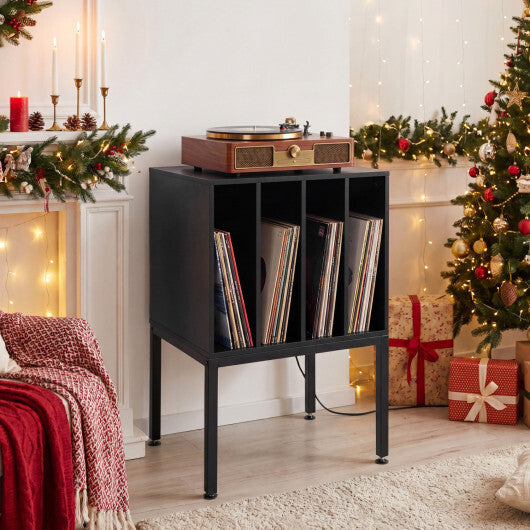 Turntable Record Player Stand with Power Outlets-Black