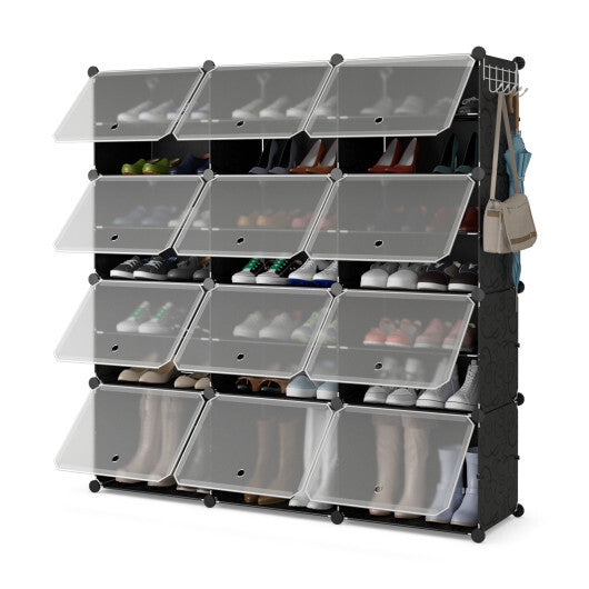 12-Cube 48 Pairs Portable Shoe Shelves with Hook-White