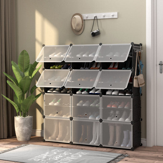 12-Cube 48 Pairs Portable Shoe Shelves with Hook-White