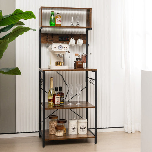 60 Inch Tall Microwave Stand with Open Shelves and 10 Hanging Hooks-Rustic Brown