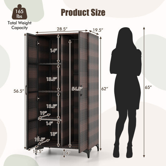 62 Inch Wicker Wardrobe with 2 Doors PE Rattan Closet with Hanging Rod-Black