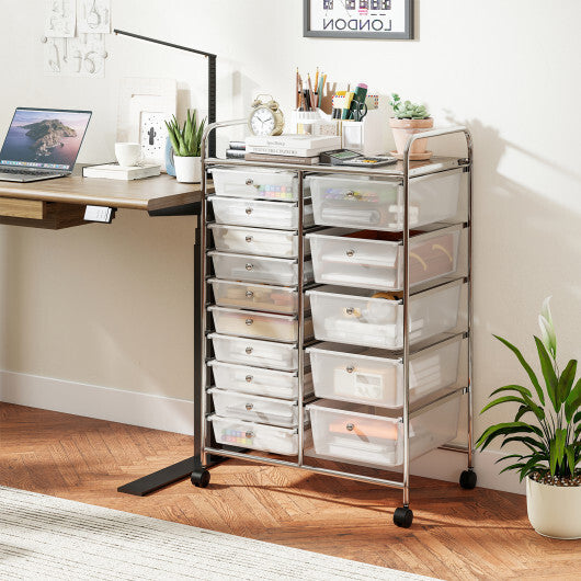 Rolling Storage Cart 15-Drawer Trolley with Chrome Plated Metal Frame-Black