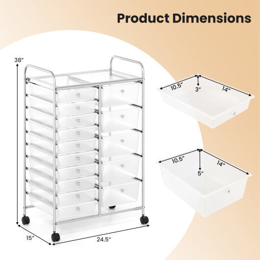 Rolling Storage Cart 15-Drawer Trolley with Chrome Plated Metal Frame-Black