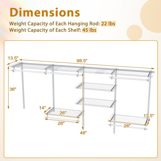 4-8 Feet Closet Organizers and Storage System with Hanging Rod for Laundry Bedroom-White