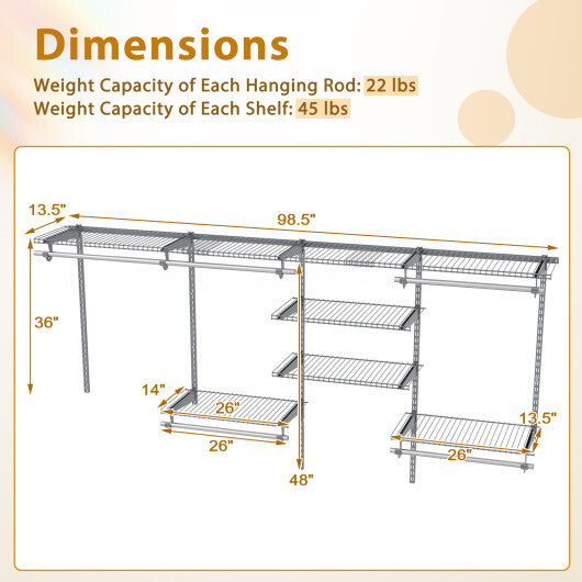 4-8 Feet Closet Organizers and Storage System with Hanging Rod for Laundry Bedroom-White