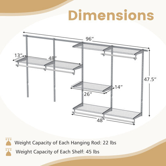 Closet System 4-8 FT Wall-Mounted Closet Shelves and Rod-Gray