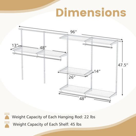 Closet System 4-8 FT Wall-Mounted Closet Shelves and Rod-Gray