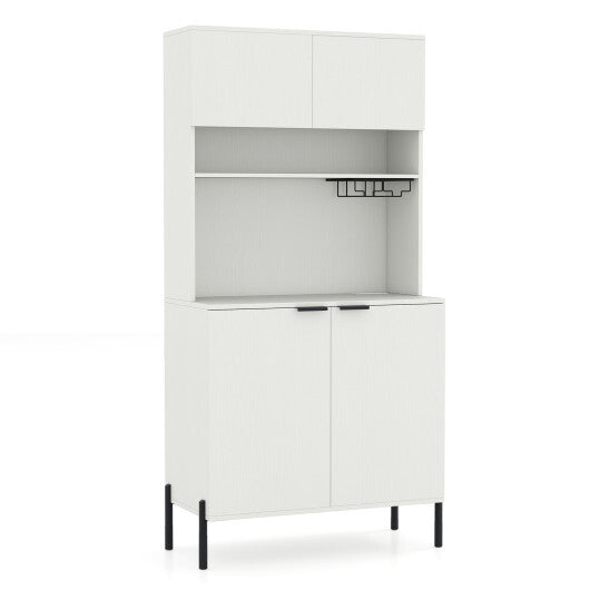 64.5 Inches Tall Kitchen Pantry Cabinet with Charging Station and Wine Glass Rack-White