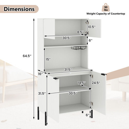 64.5 Inches Tall Kitchen Pantry Cabinet with Charging Station and Wine Glass Rack-White