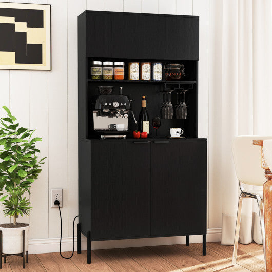 64.5 Inches Tall Kitchen Pantry Cabinet with Charging Station and Wine Glass Rack-White