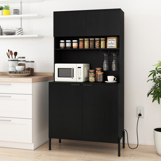 64.5 Inches Tall Kitchen Pantry Cabinet with Charging Station and Wine Glass Rack-White