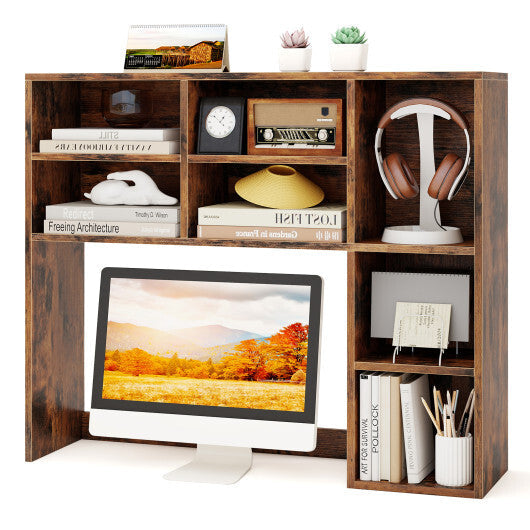 Desktop Bookshelf with 7 Open Cubbies and 3 Adjustable Shelves-Brown