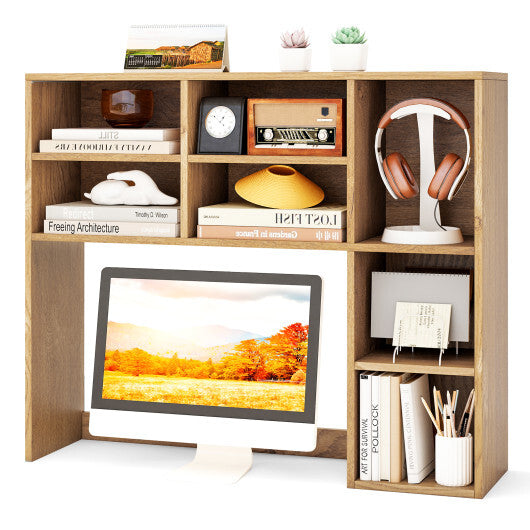 Desktop Bookshelf with 7 Open Cubbies and 3 Adjustable Shelves-Brown