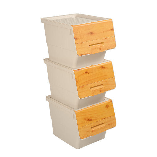 3 Pieces Storage Bins on Wheels Stackable Plastic Boxes with Stay-Open Lid (S)-Gray