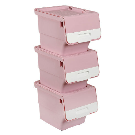 3 Pieces Storage Bins on Wheels Stackable Plastic Boxes with Stay-Open Lid (S)-Gray