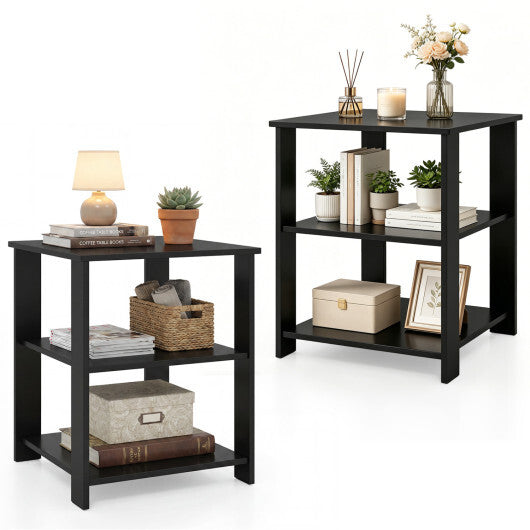 3-Tier Modern Nightstand Square Side Table with Open Storage Shelves Set of 2-White