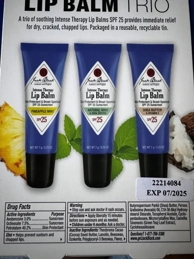 Jack Black Intense Therapy Lip Balm – SPF 25, Lip Moisturizer Trio with Reusable Tin (0.25 Oz)