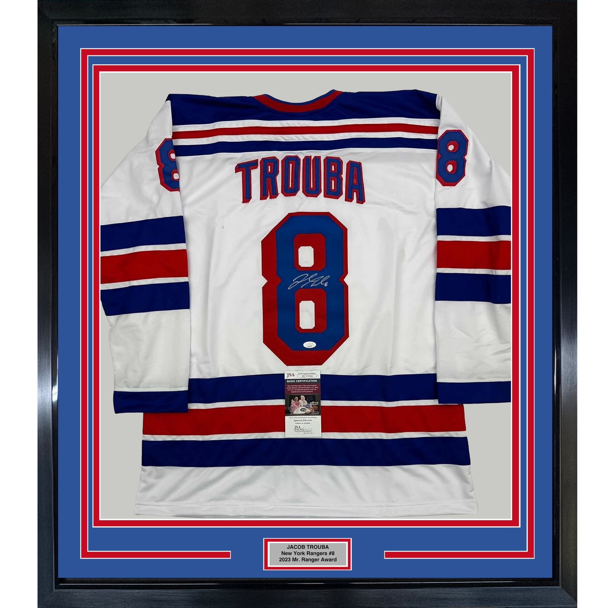 Framed Autographed/Signed Jacob Trouba 35x39 New York White Hockey Jersey JSA COA
