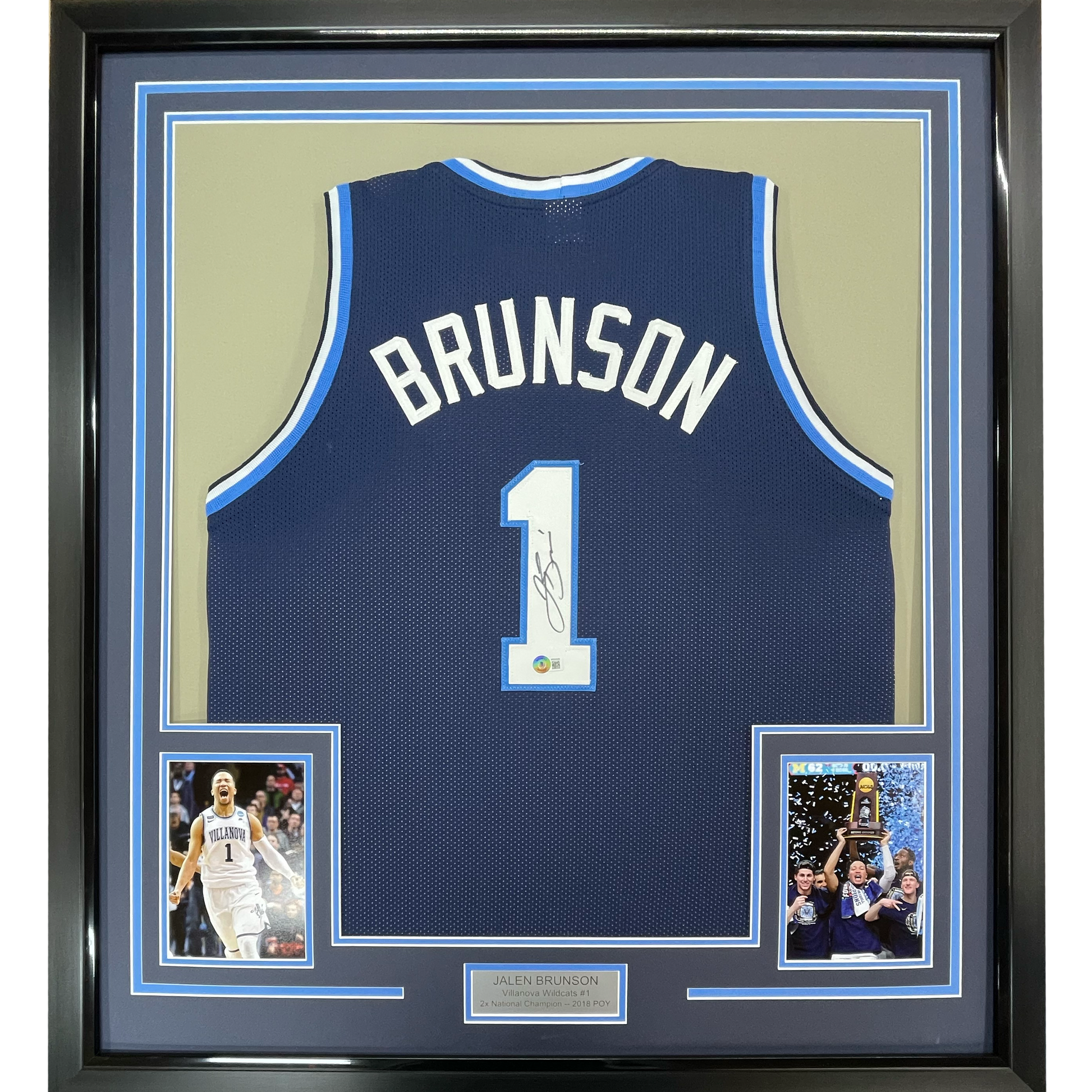 Framed Autographed/Signed Jalen Brunson 35x39 Villanova Blue College Basketball Jersey Beckett BAS COA