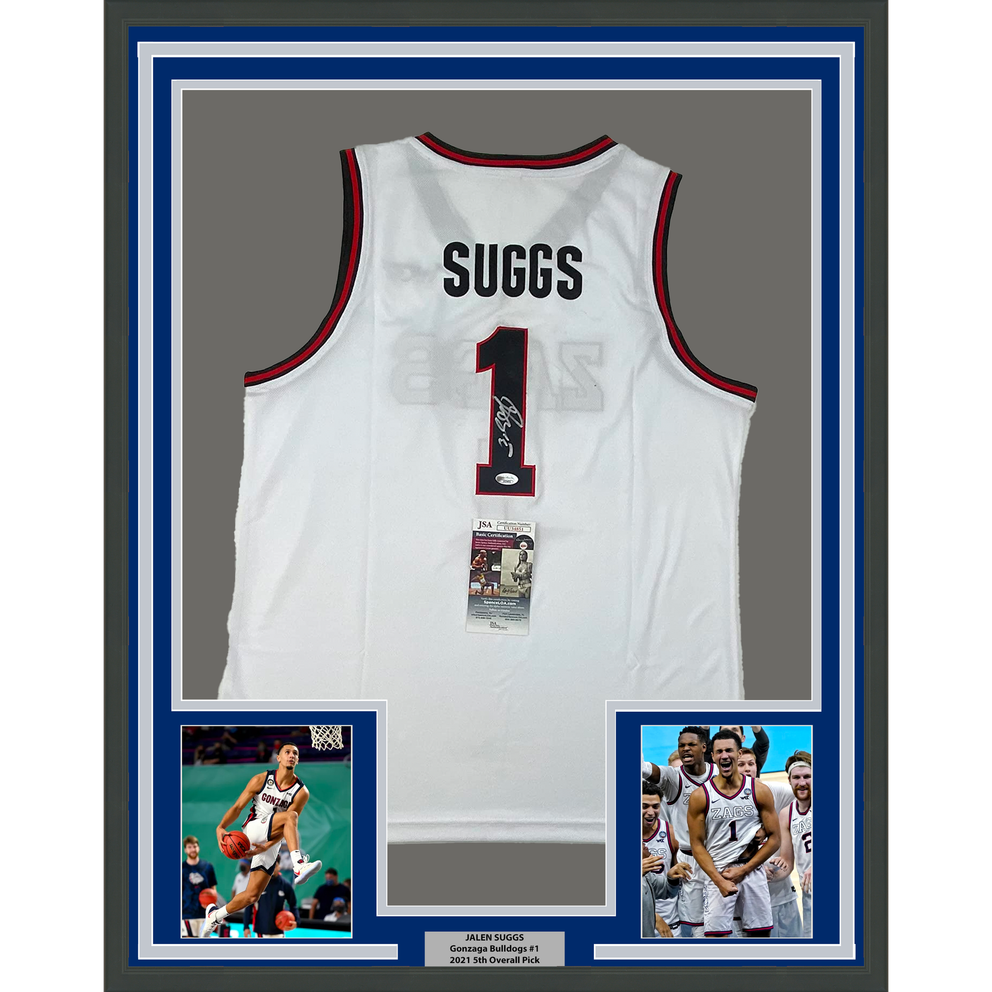 Framed Autographed/Signed Jalen Suggs 35x39 Gonzaga White College Basketball Jersey JSA COA