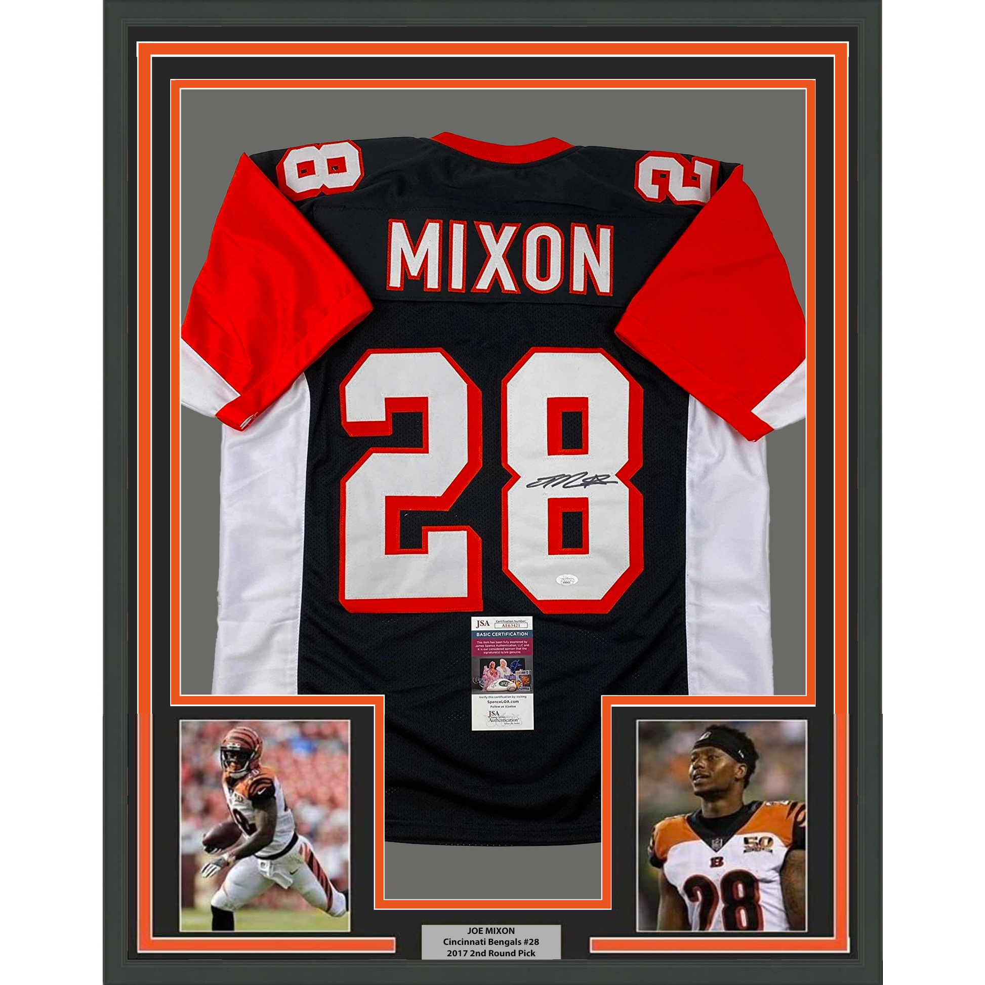 Framed Autographed/Signed Joe Mixon 35x39 Cincinnati Black Football Jersey JSA COA #2