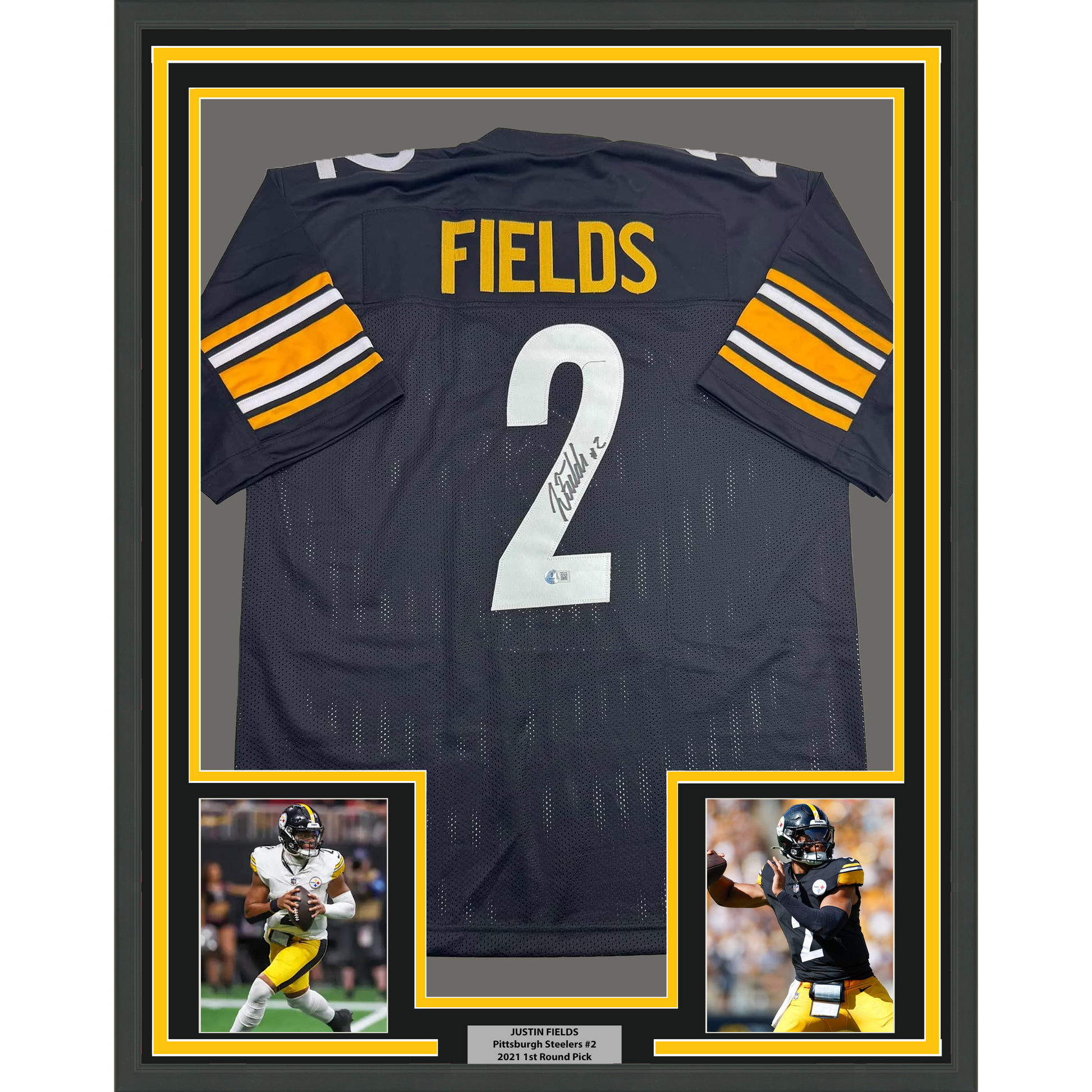 Framed Autographed/Signed Justin Fields 35x39 Pittsburgh Black Football Jersey Beckett BAS COA