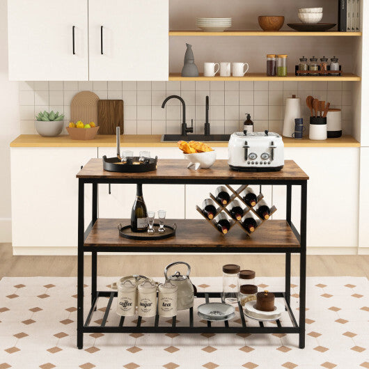 3 Shelves Kitchen Island Industrial Prep Table with Bottom Wine Rack-Rustic Brown