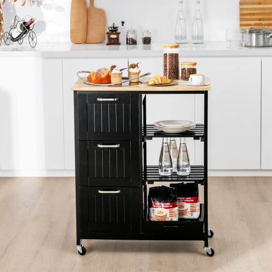 Kitchen Island Cart on Wheels with Rubber Wood Top and 3 Drawersand Removable Tray-Gray