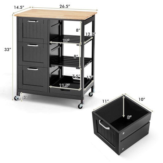 Kitchen Island Cart on Wheels with Rubber Wood Top and 3 Drawersand Removable Tray-Gray