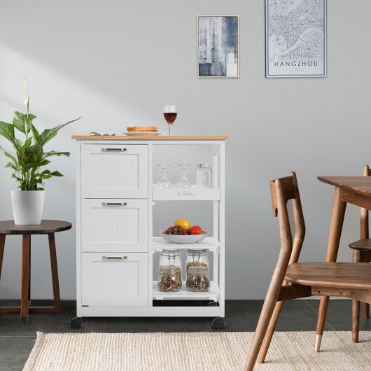 Kitchen Island Cart on Wheels with Rubber Wood Top and 3 Drawersand Removable Tray-Gray