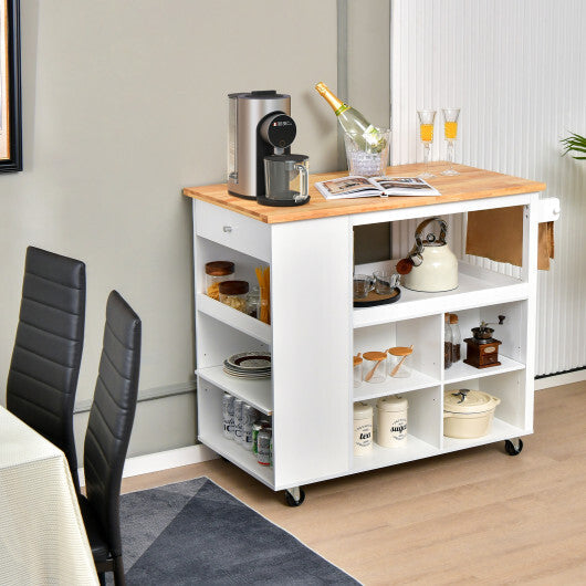 Kitchen Island Trolley Cart on Wheels with Storage Open Shelves and Drawer-White