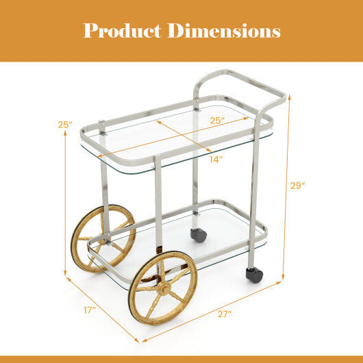 2-Tier Tempered Glass Bar Cart with 2 Large Aluminum Wheels and 2 Rolling Casters