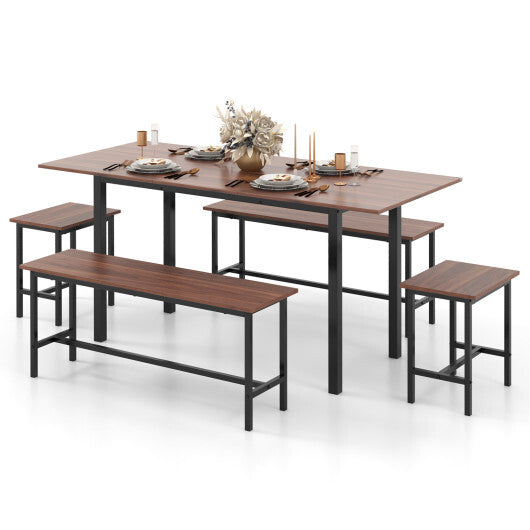 5 Piece Dining Table Set for 4-6 with 2 Benches & 2 Stools for Kitchen Dining Room-Black