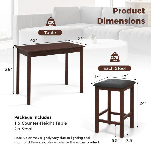 3-Piece Bar Table Set Dining Table and 2 Bar Stools-White
