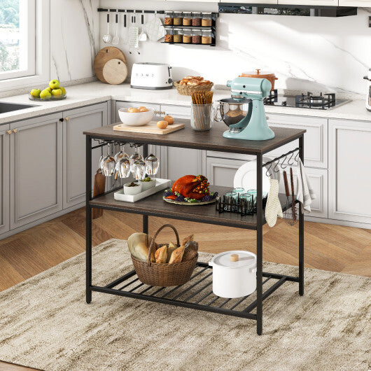 Kitchen Island with 3 Shelves Wine Glass Holders and 10 Hooks-Gray