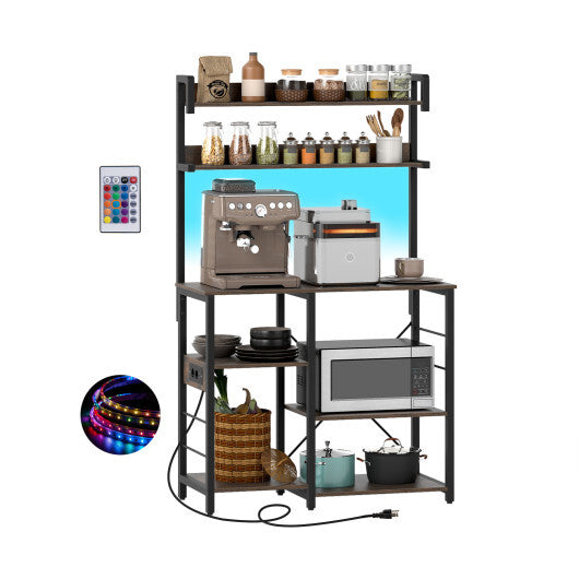 Kitchen Bakers Rack with Power Outlet 5-Tier Microwave Oven Stand with LED Lights-Black